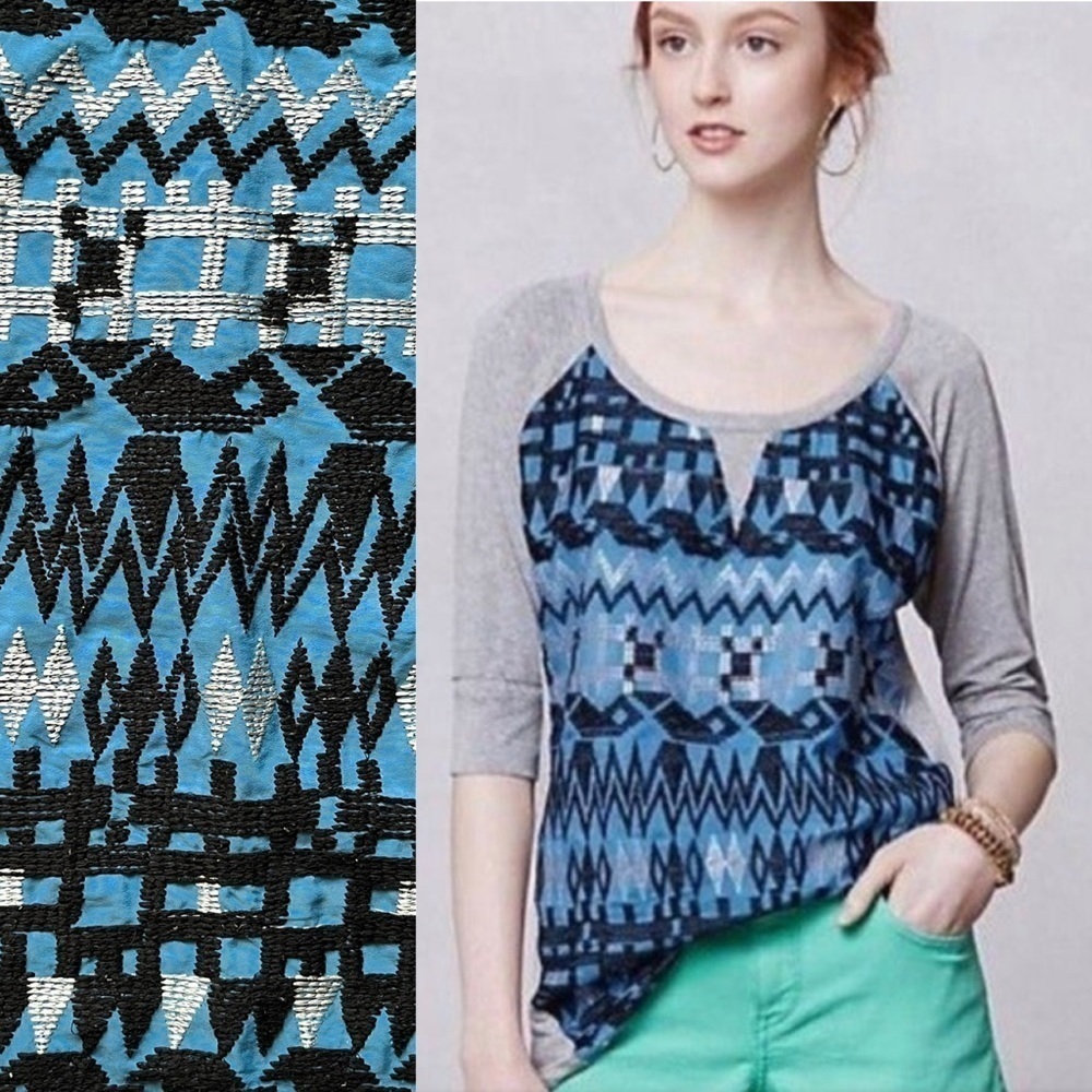Dolan T-Shirt Anthropologie Blue & Gray Lamai Embroidered Top Southwestern Sz M